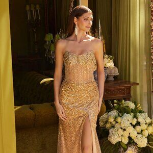 New Formal Sleeveless Strapless Beaded Dress w/ Rhinestones Embroidery GL3581